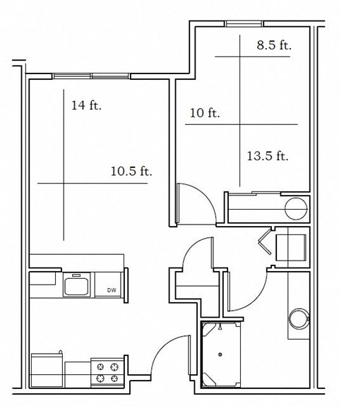 Floor plan for 1 bed, 1 bath, 622 sqft